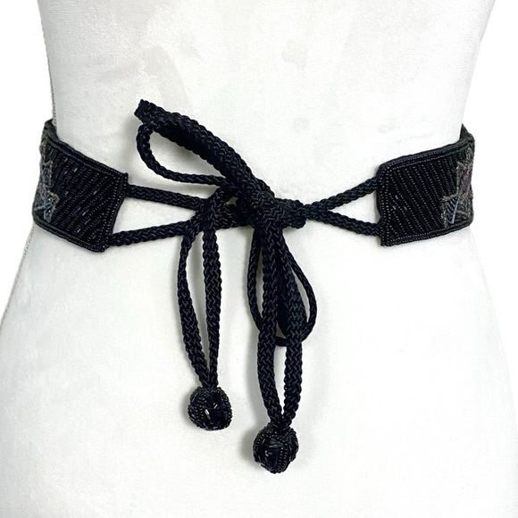 Vintage 80s black, grey, blue & pink beaded belt tie back adjustable cummerbund - Picture 6 of 9